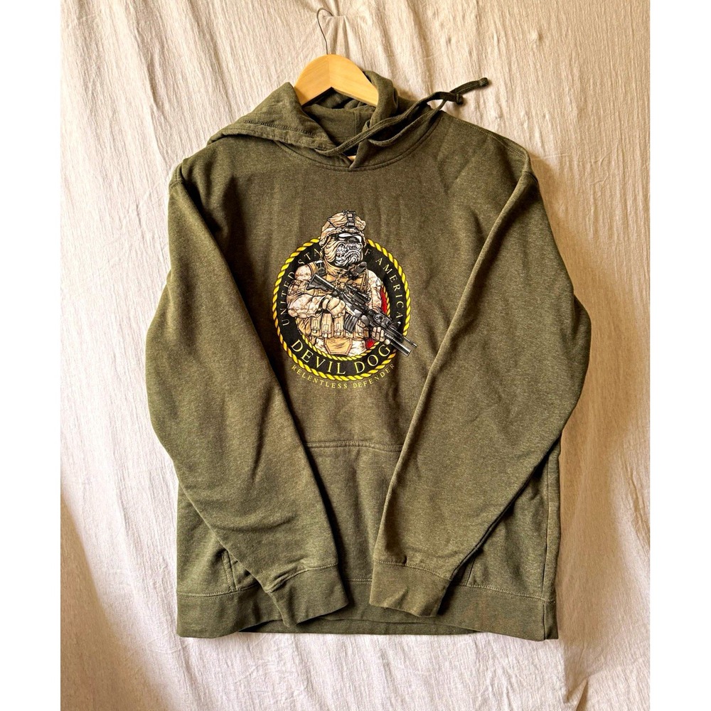 District Men's Green Pullover Fleece Hoodie Devil Dog Military Graphic XL